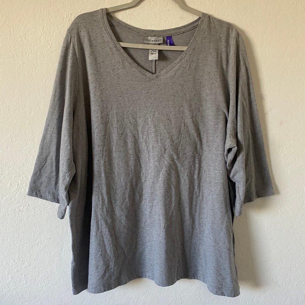 Catherines Womens Shirt Top Studs Casual Gray Petite Size 1XWP Short Sleeve